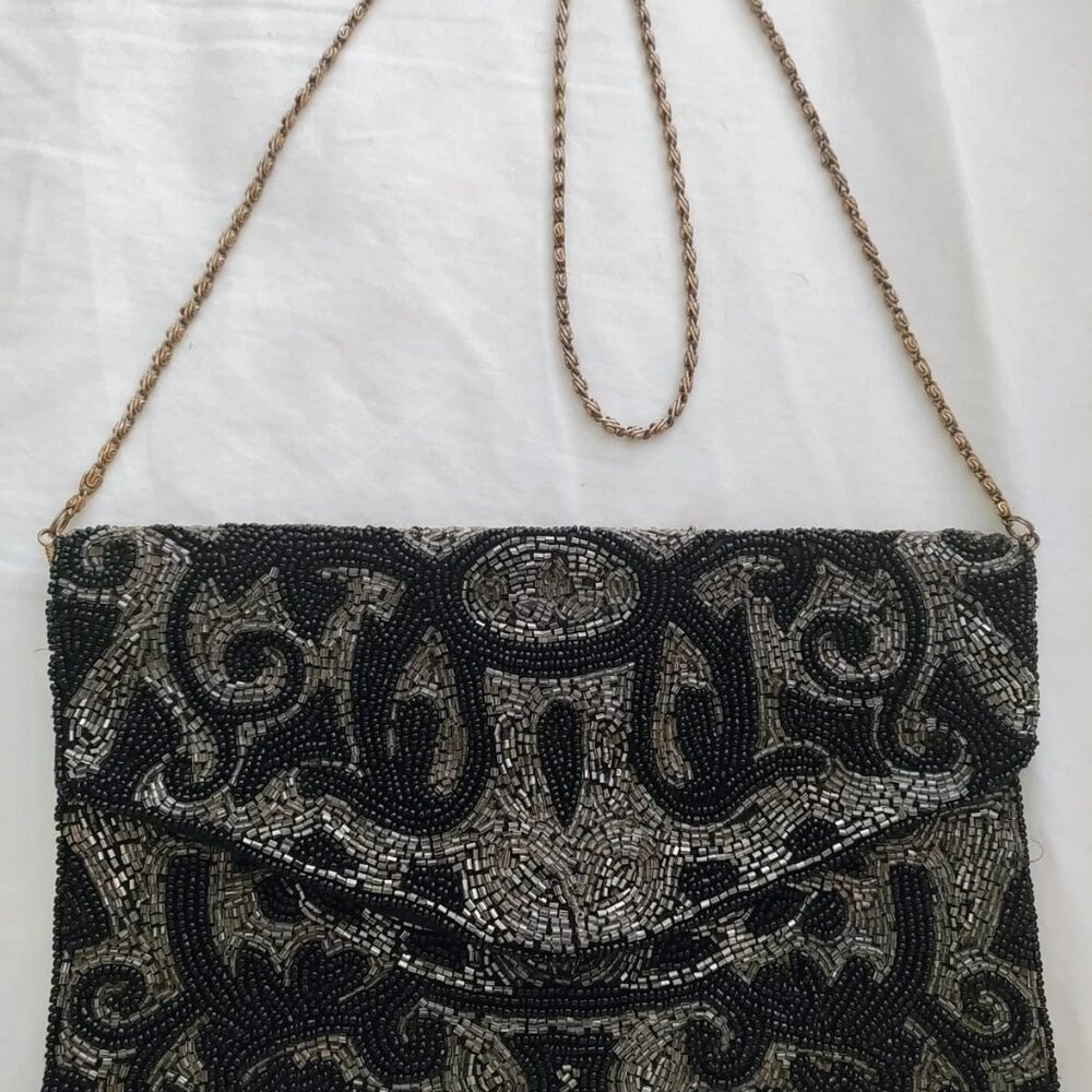 Handmade Black & Silver Hand Beaded Evening Clutch Bag Chain Strap Vintage Style